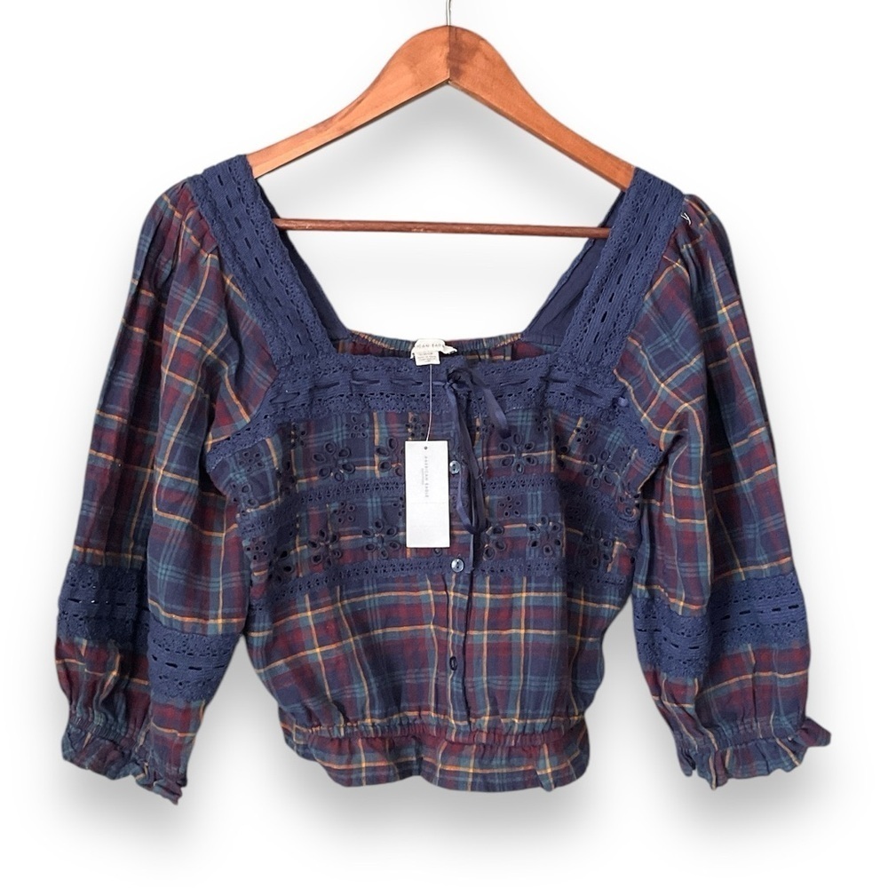 American Eagle Blue Multi Plaid Lace Accent Square Neck Balloon Sleeve Blouse S